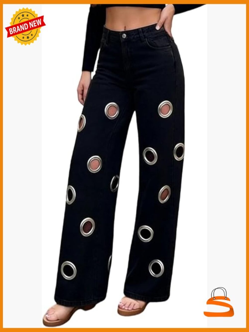High Waisted Wide Leg Cut-Out Denim Jeans with Metal Rings